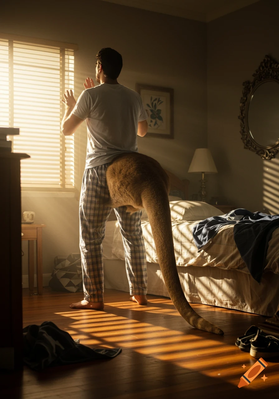 Photorealistic image of a man waking up in a sunlit bedroom, shocked to find a kangaroo tail attached to him.