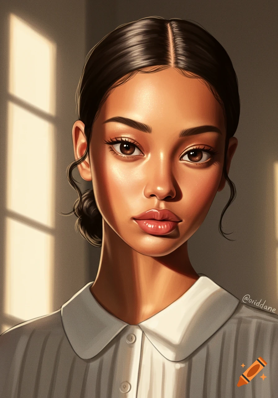 Stylized digital portrait of a young woman with dark hair and brown eyes, in a white collared shirt, lit by golden window light.