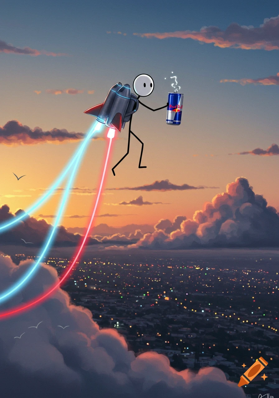 A stickman with a jetpack flies across a sunset sky above a city, holding a can of Red Bull, in a cartoon style.