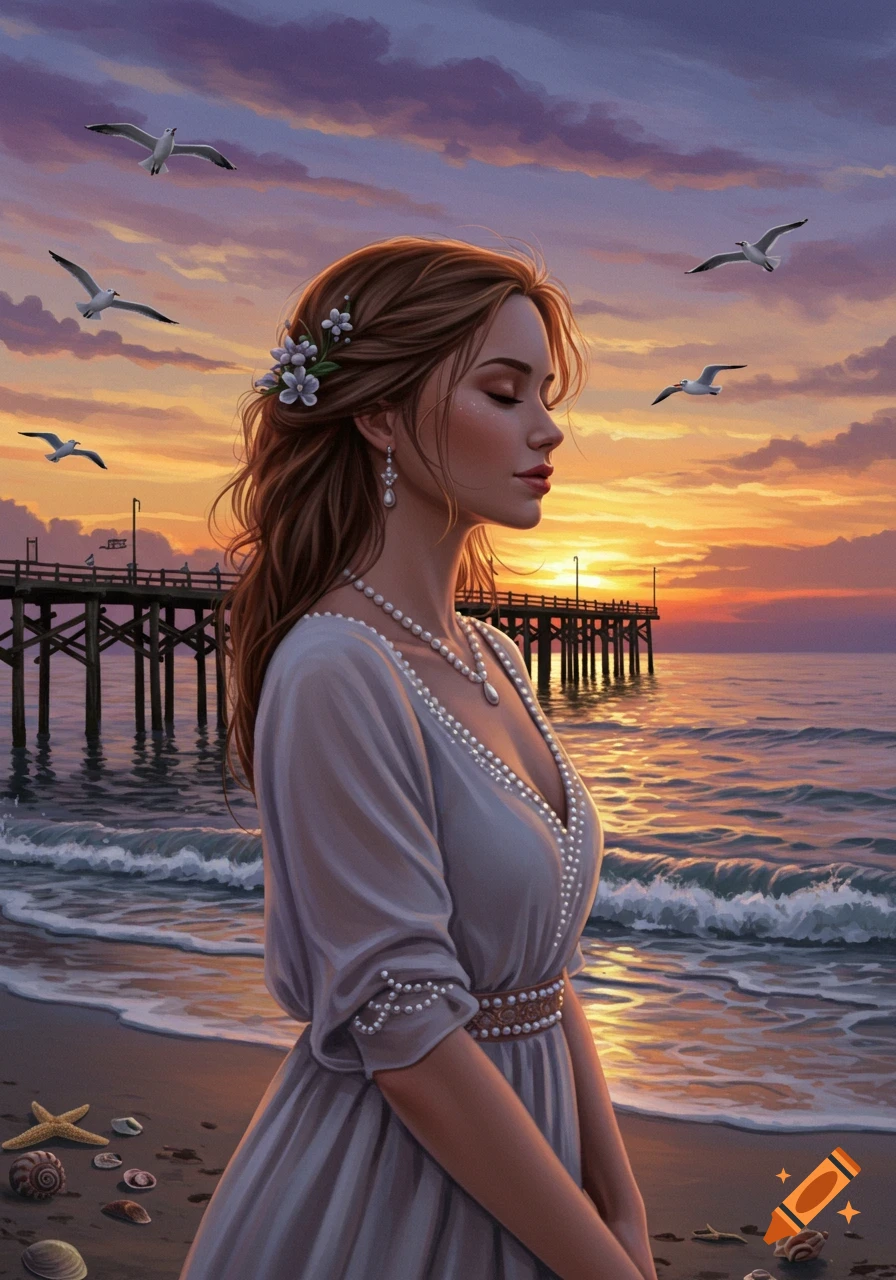 Digital painting of a woman with closed eyes standing on a beach at sunset, wearing a pearl necklace, with a pier and seagulls in the background.