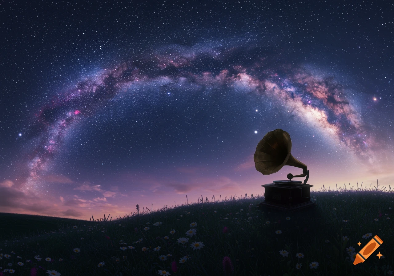A gramophone sits on a grassy hilltop under a vibrant night sky filled with the Milky Way.