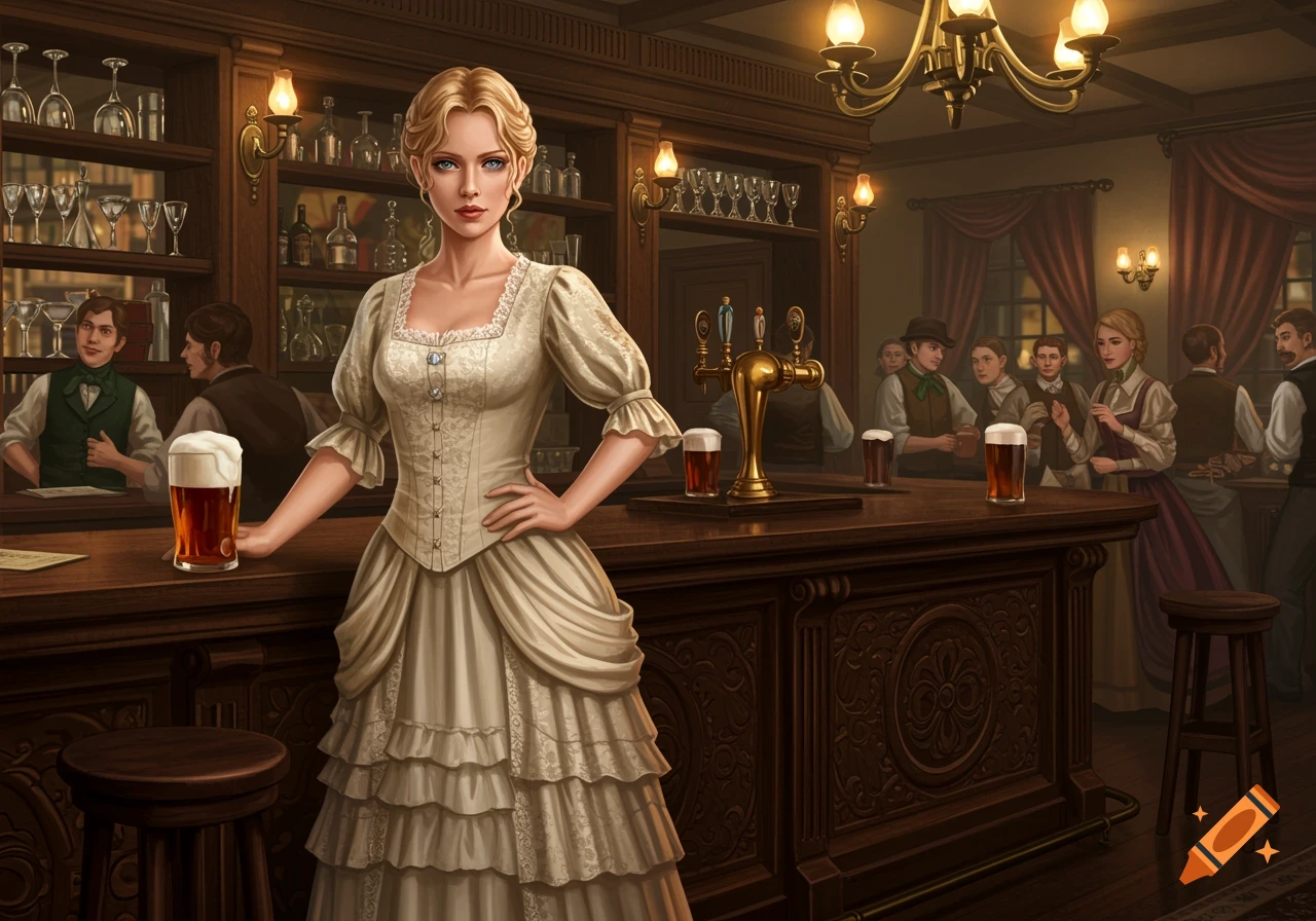 A blonde woman in a cream Victorian dress stands at a wooden bar in a gas-lit pub, with other patrons in the background.