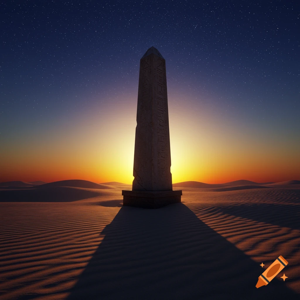 A towering obelisk with ancient glyphs stands in a vast desert at sunset, casting a long shadow under a starry sky.
