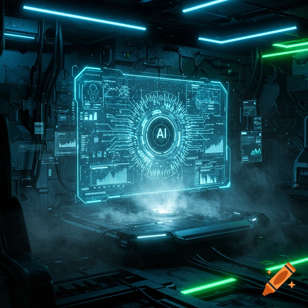A futuristic holographic AI interface with digital data and circuitry, glowing blue in a dark, tech-filled room with neon lights.
