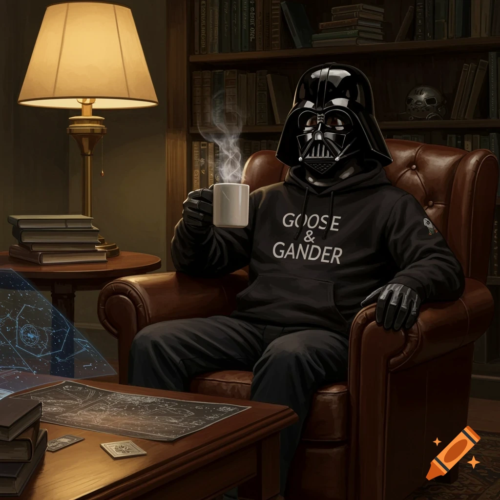 Darth Vader in a black 'GOOSE & GANDER' hoodie sits in a leather armchair, holding a steaming mug in a library.