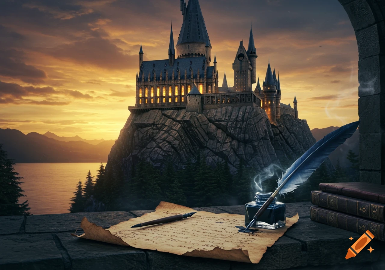 Hogwarts Castle at sunset with a quill, inkwell, and parchment on a stone ledge overlooking a lake.
