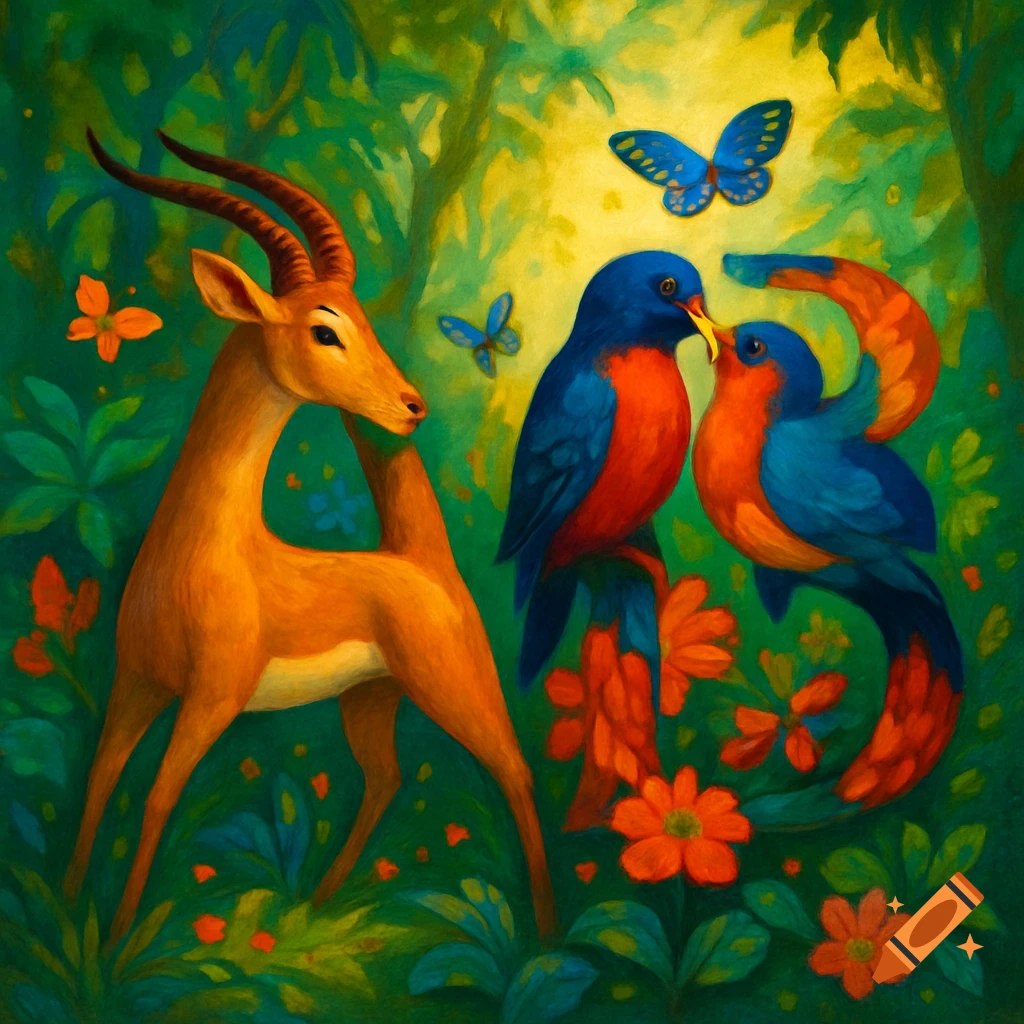 A stylized painting of a gazelle, two vibrant blue and red birds, and blue butterflies in a lush, green forest.