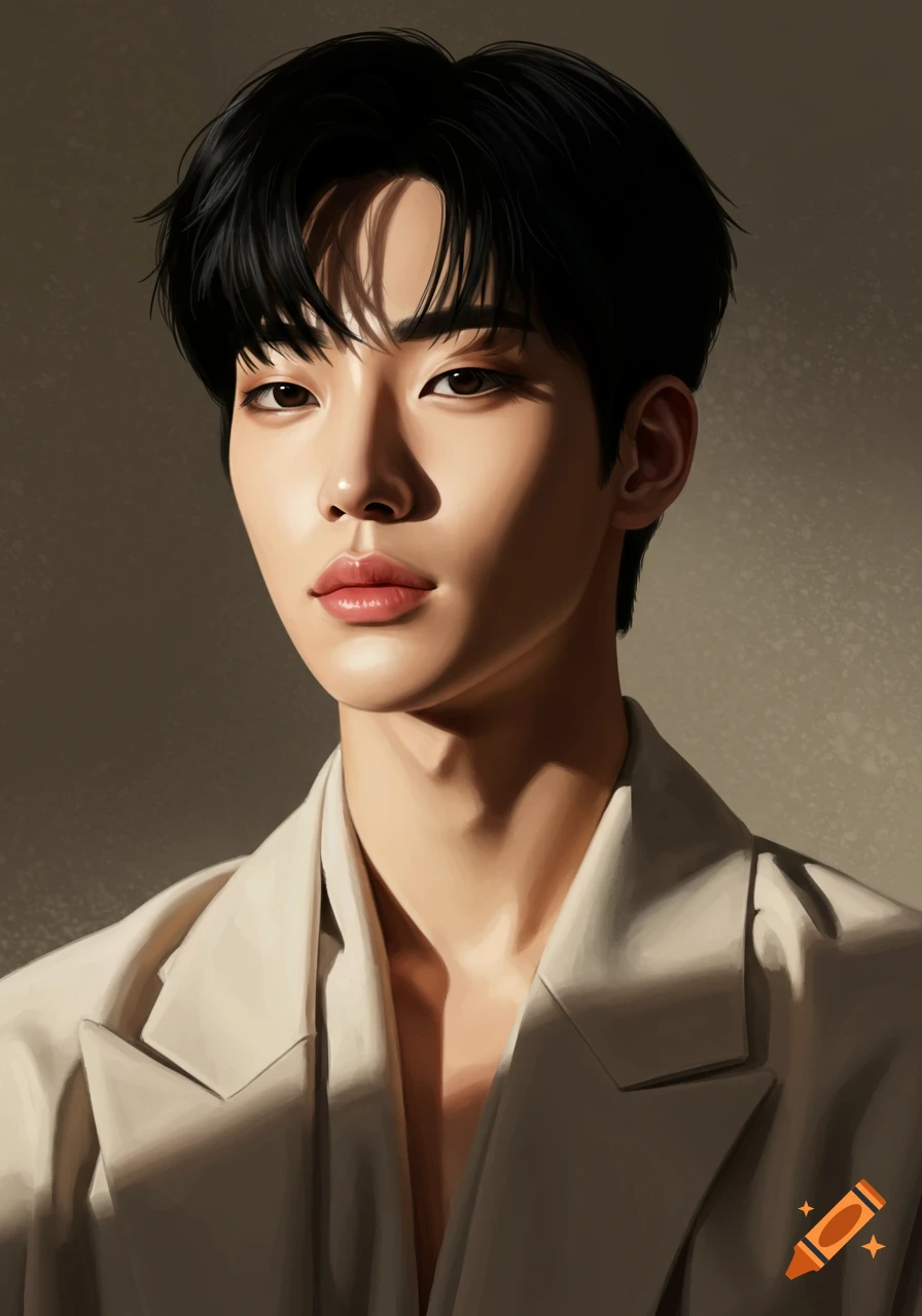 Digital portrait of a young Korean male model in a beige jacket, looking forward with strong shadows across his face.
