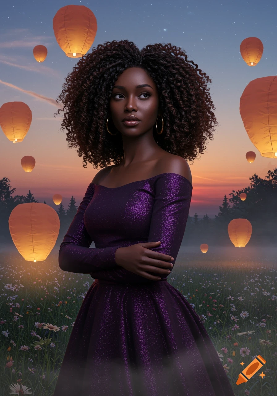 Photorealistic portrait of a beautiful Black woman with curly hair in a sparkling purple dress, standing in a flower field at sunset with glowing sky lanterns.