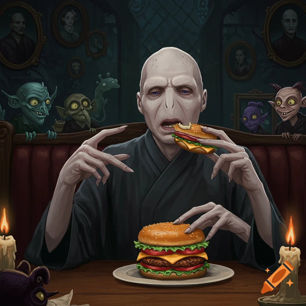 Voldemort in dark robes eats a hamburger at a table, surrounded by grinning goblins and ghostly portraits in a spooky room.