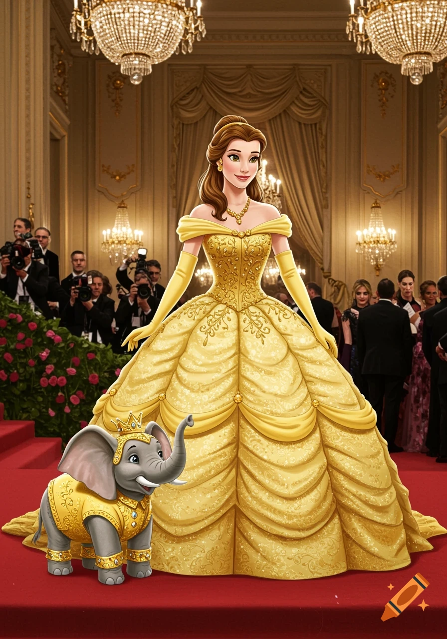Princess Belle in a yellow gown on a red carpet at the Met Gala, accompanied by a small elephant also wearing yellow.