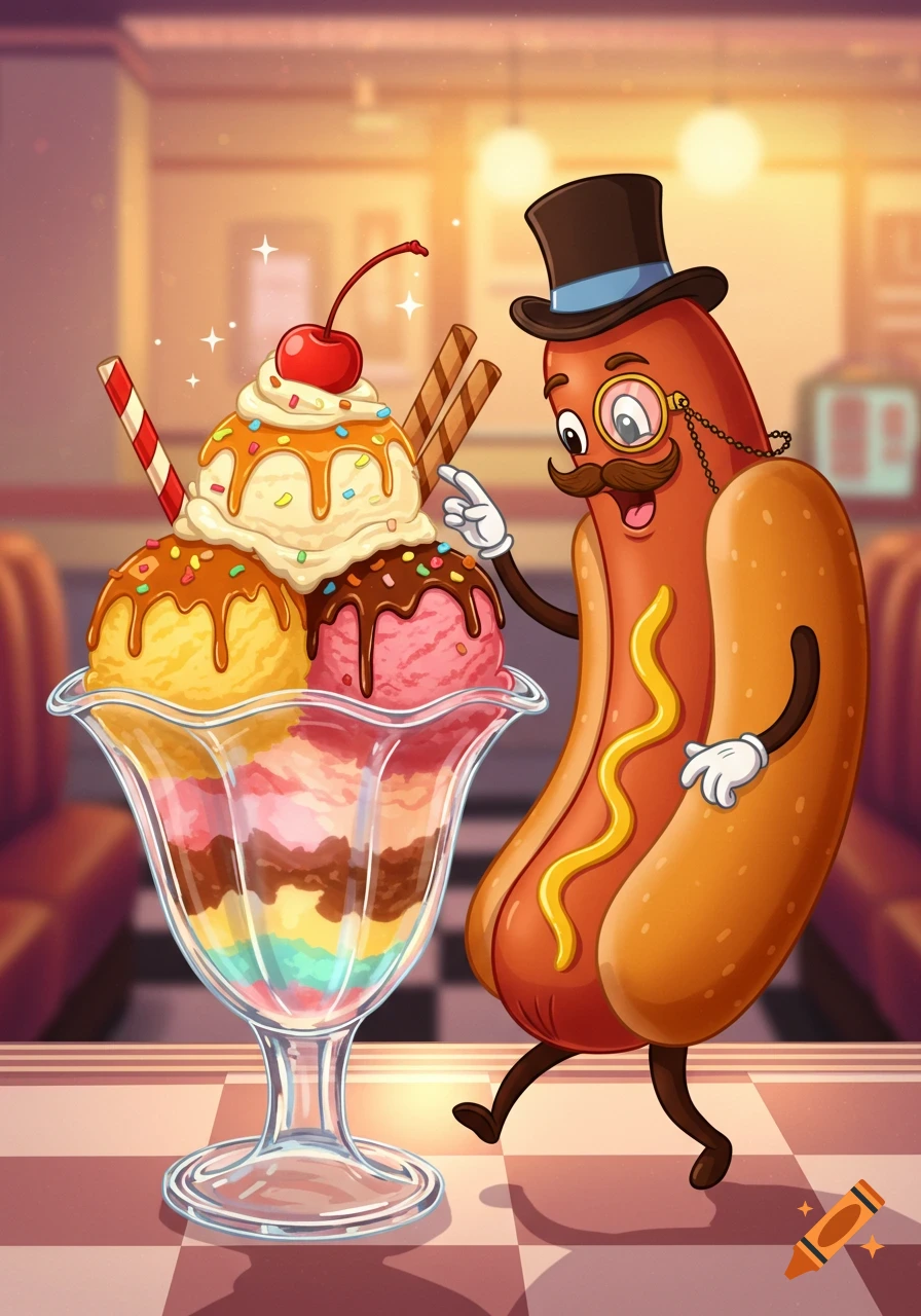 A whimsical cartoon hot dog in a top hat and monocle stands beside a large, colorful ice cream sundae in a diner.
