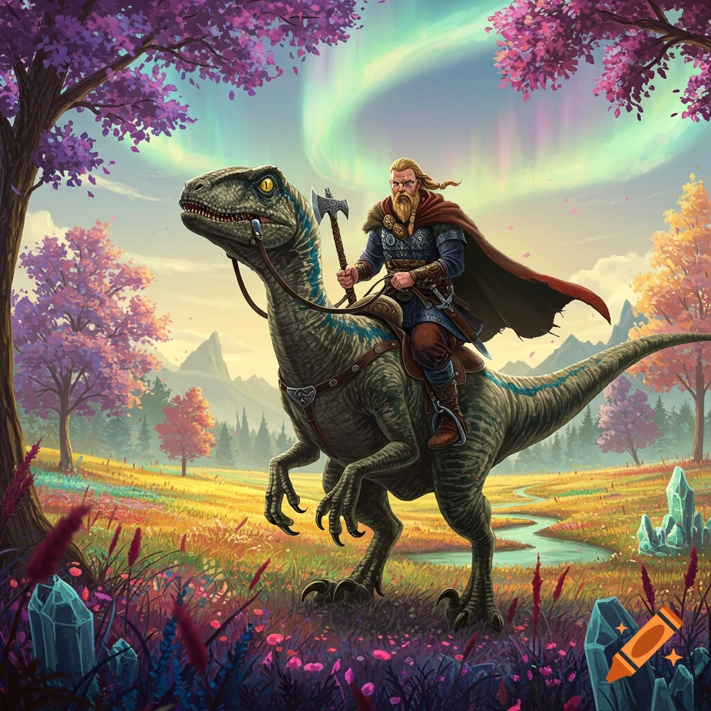 A bearded Viking warrior with an axe rides a velociraptor through a vibrant, colorful fantasy landscape under an aurora borealis.