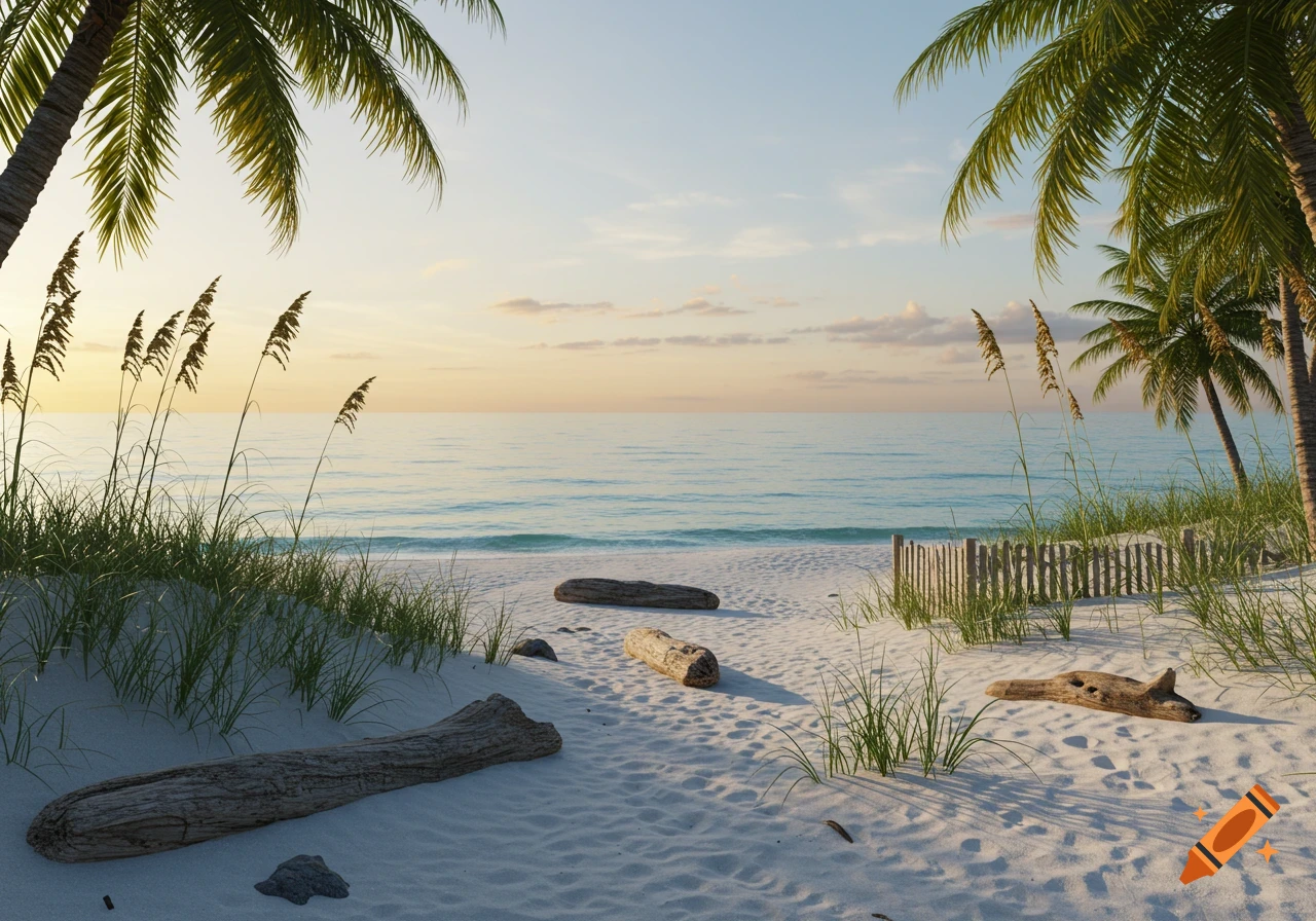 A photorealistic image of a serene beach at sunset with palm trees, sea oats, and driftwood on white sand, overlooking the calm ocean.