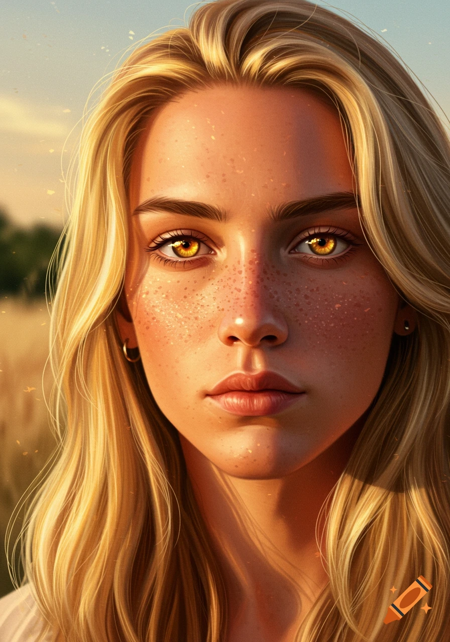 A close-up portrait of a young woman with long blonde hair, bright amber eyes with gold flecks, and freckles on her nose and cheeks. She looks directly forward, illuminated by golden light.