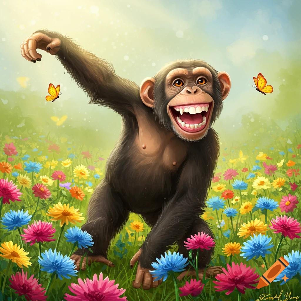 A cheerful cartoon chimpanzee laughs with its arms raised in a vibrant field of colorful flowers with butterflies.
