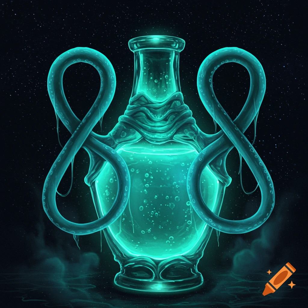 A glowing turquoise alien-organic bottle with tentacle-shaped handles, filled with bubbling liquid, against a starry dark background.