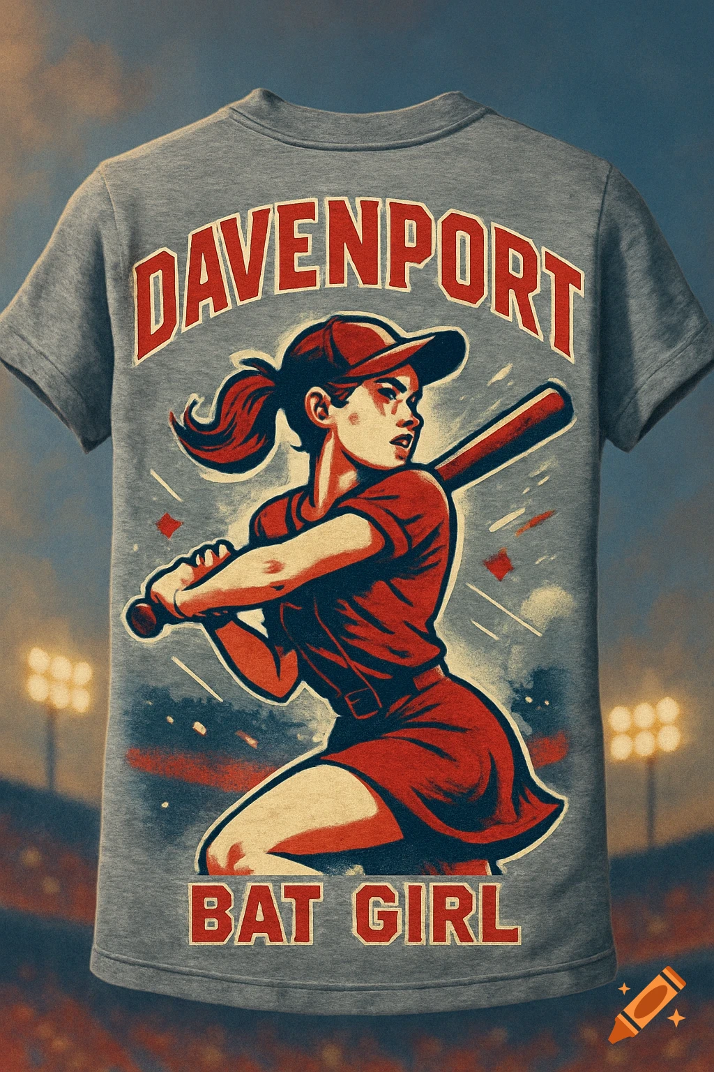 A grey t-shirt featuring a retro-style illustration of a female baseball player in a red uniform, holding a bat, with 'DAVENPORT' above and 'BAT GIRL' below. The background shows a baseball stadium at night.