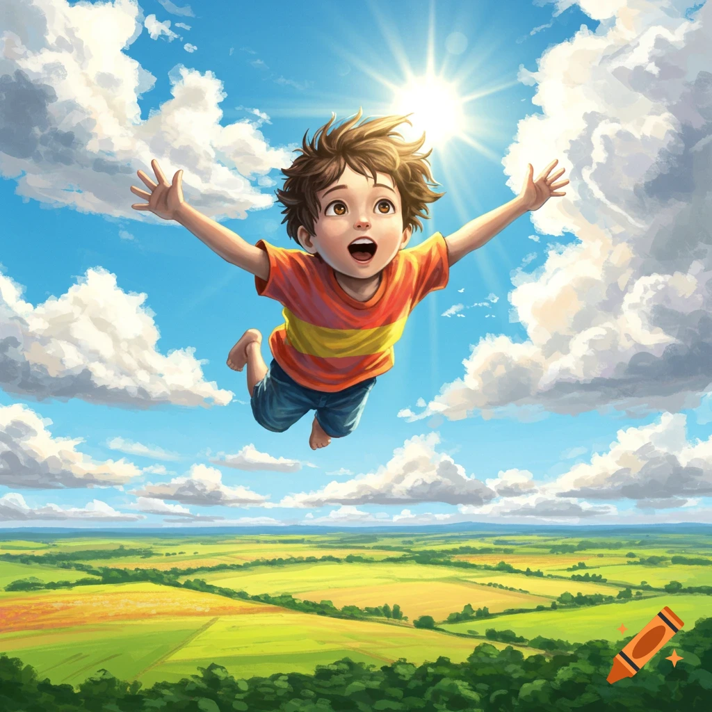 A joyful boy with arms outstretched flies through a bright blue sky with clouds, high above green fields, under a shining sun.