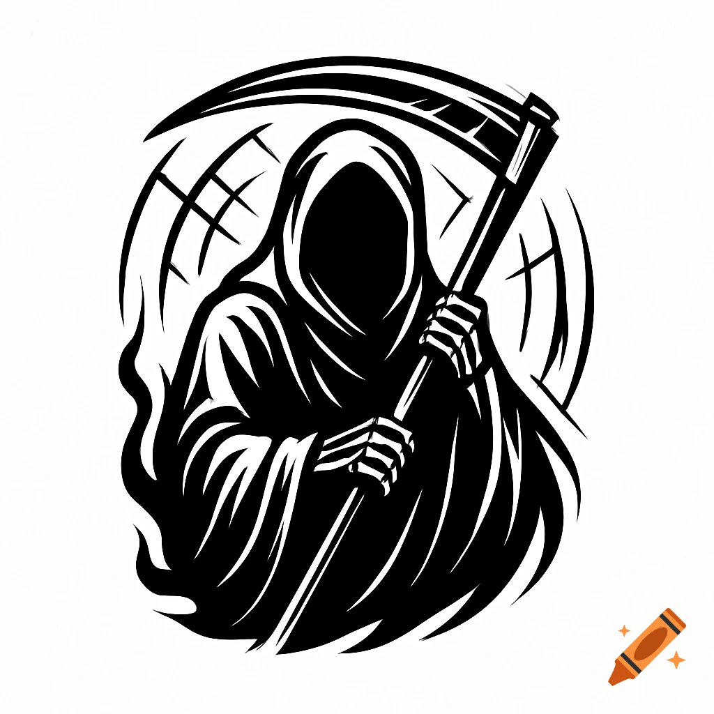 Black and white stylized logo of the Grim Reaper holding a scythe, with abstract lines behind.