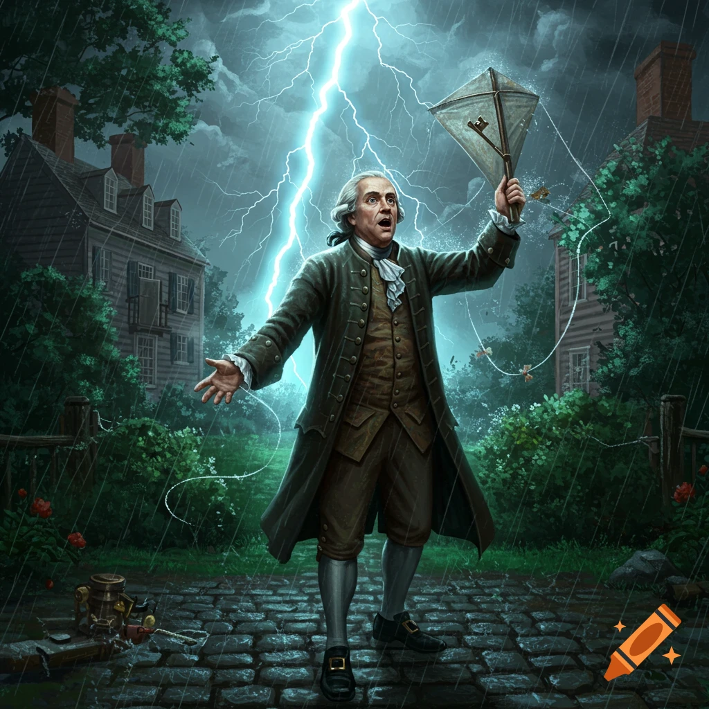 Benjamin Franklin stands shocked in a thunderstorm, holding a kite and key as lightning strikes, discovering electricity outside a colonial house.