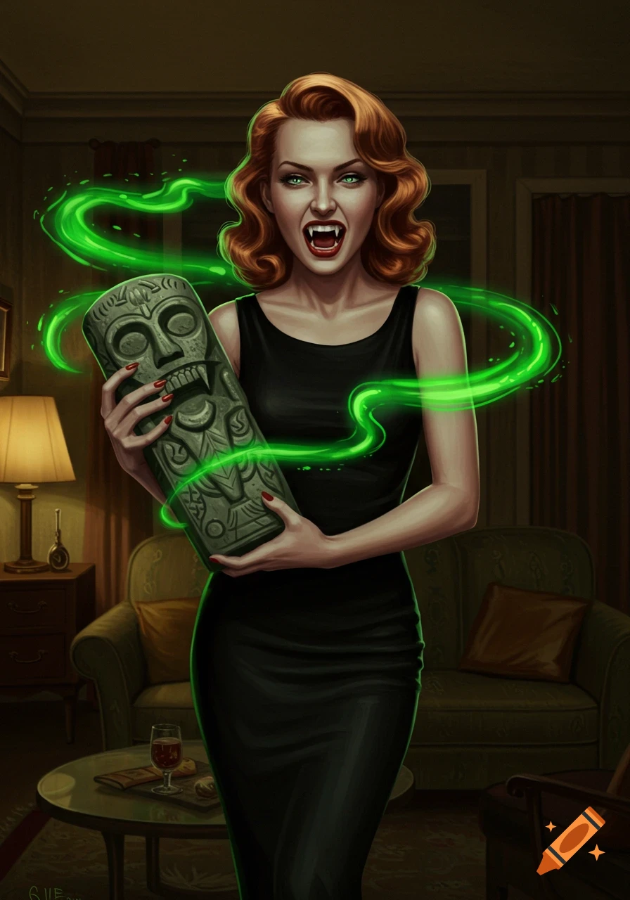 A red-haired vampire woman in a black dress holds a glowing green stone idol, baring fangs with an evil smile in a dimly lit 1950s-style room.