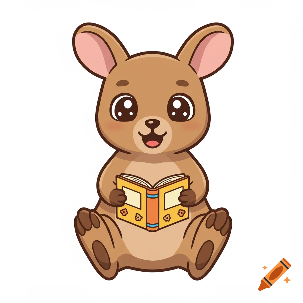 A cute, brown cartoon wallaby sitting and reading an open book with flower details.
