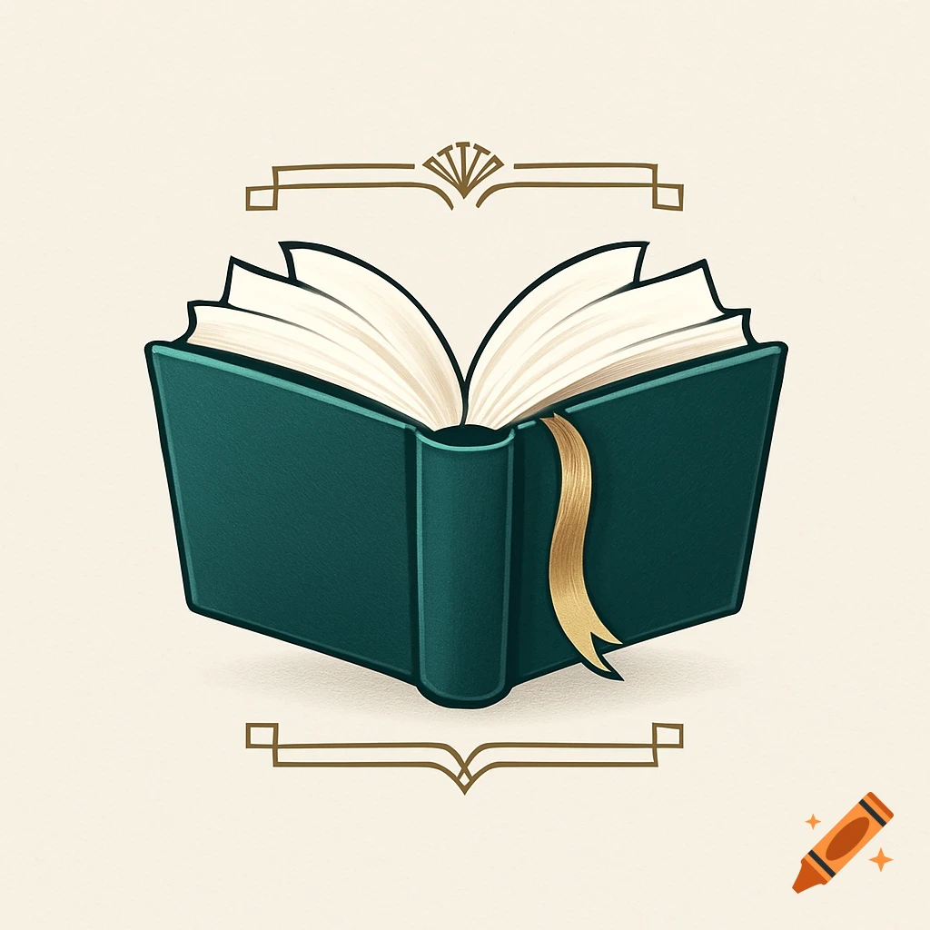 An open book with a teal cover and a gold bookmark, centered between art deco style decorative lines, on a light background.
