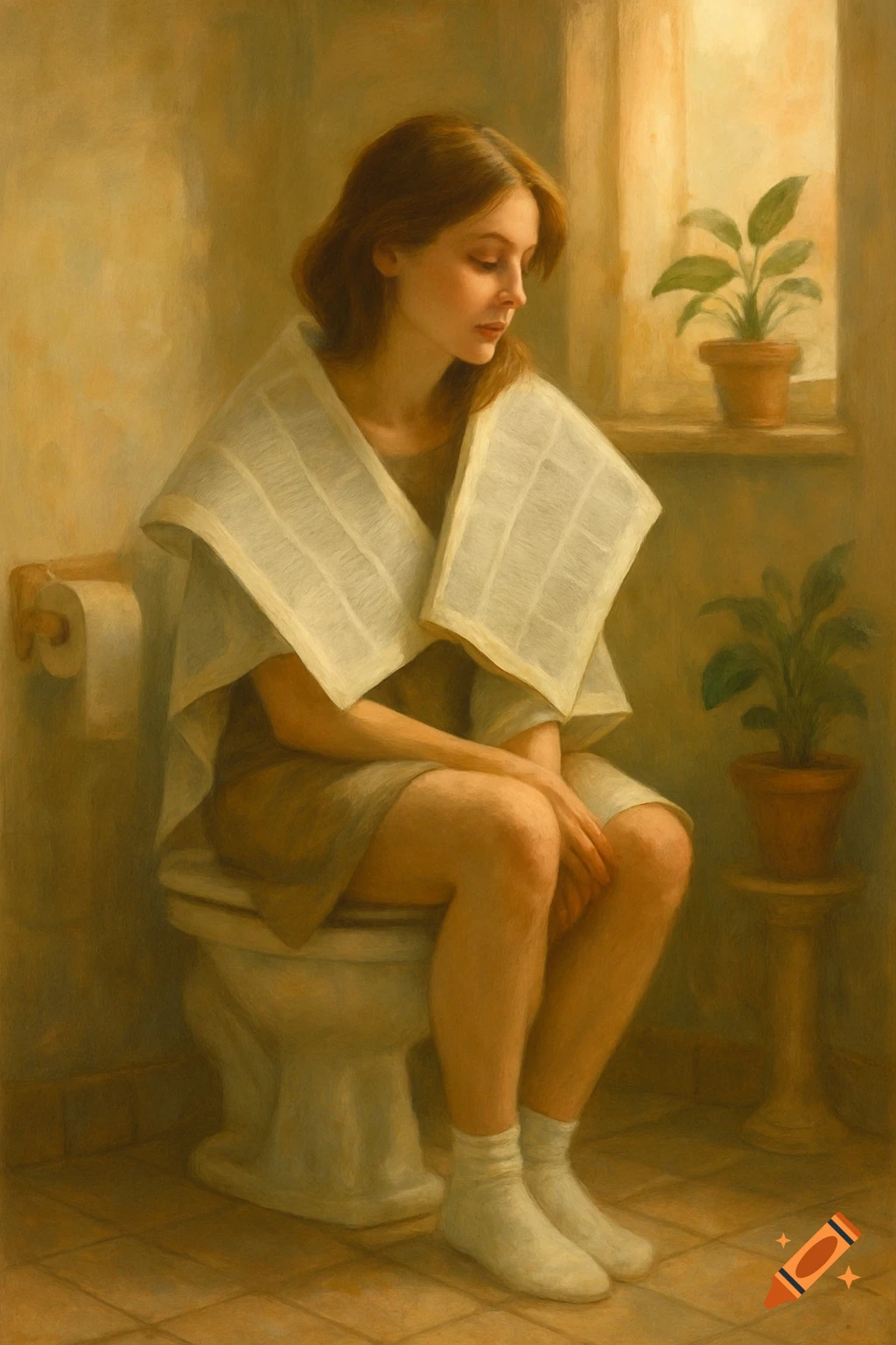 A woman in a painterly style sits on a toilet, wrapped in white paper, wearing white socks, in a warm-toned bathroom.