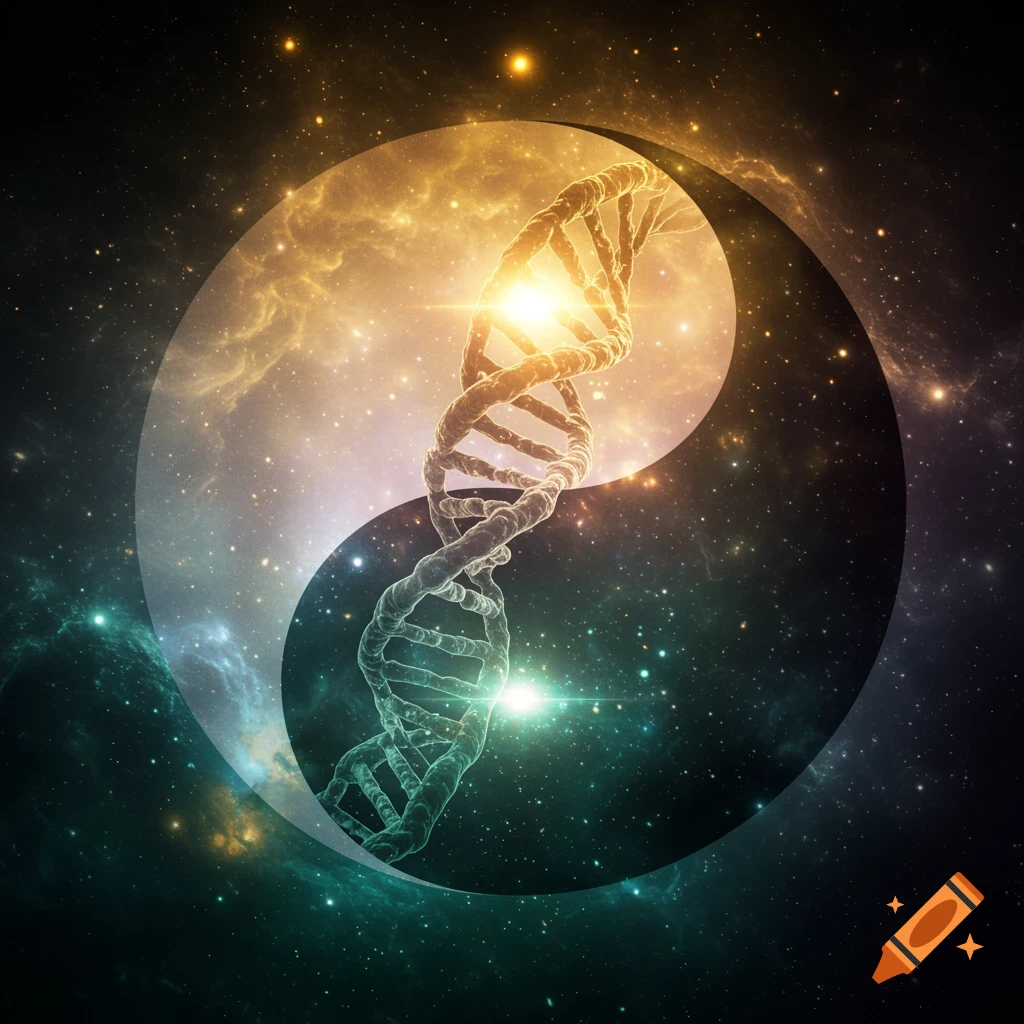 A glowing DNA double helix intertwined with a light and dark Yin-Yang symbol against a vibrant cosmic background.