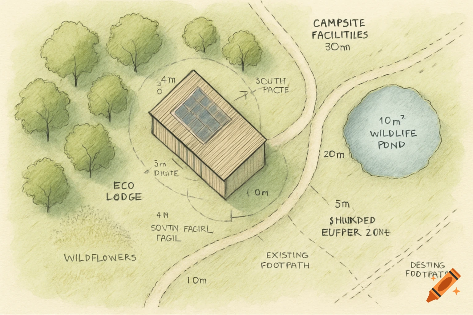 A hand-drawn top-down site plan of an eco-lodge with solar panels, surrounded by trees, a wildlife pond, and footpaths, with various labels and measurements.