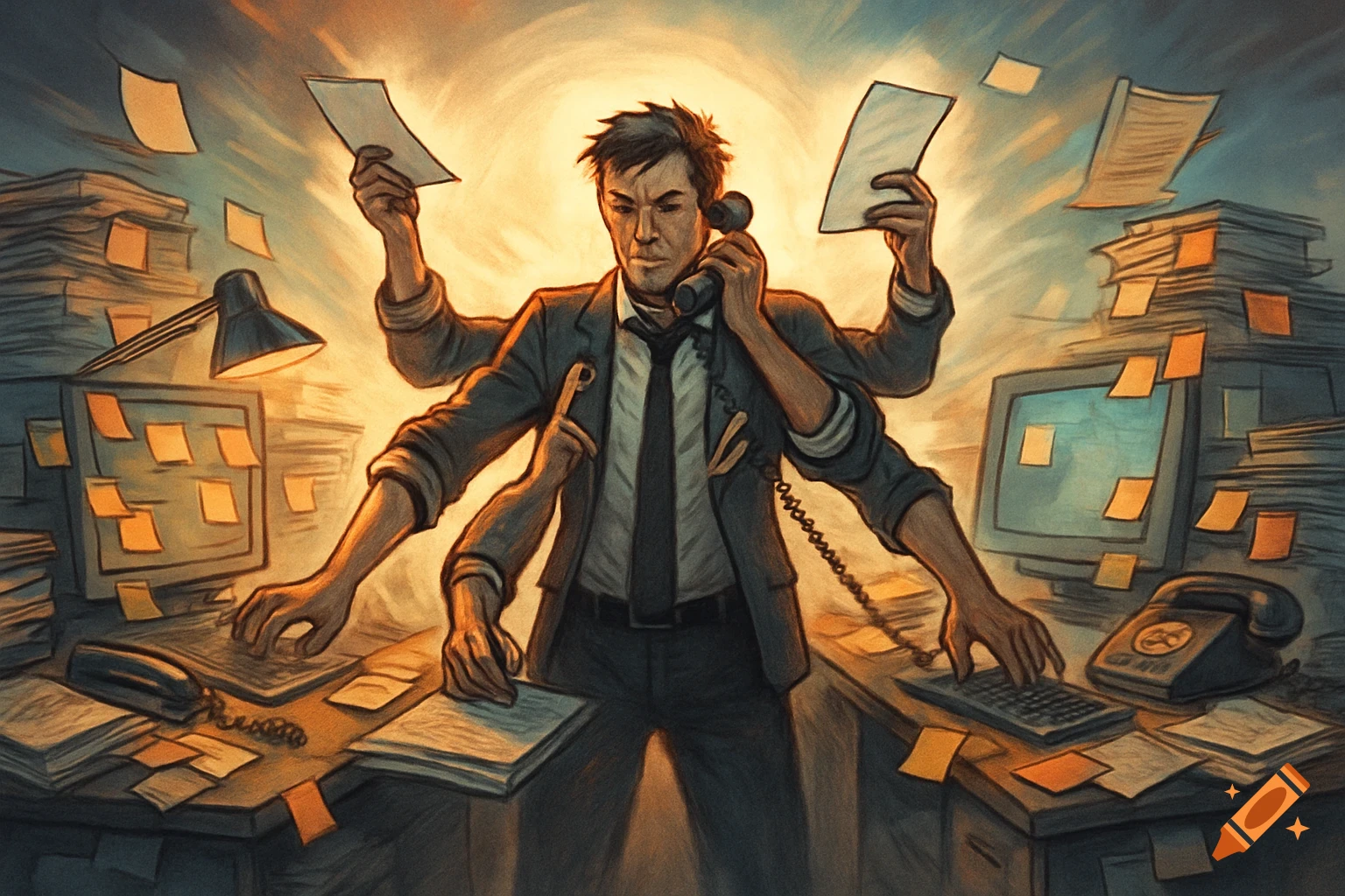 A man with multiple arms, dressed in a suit, frantically works at an office desk filled with papers and electronics, looking stressed. Illustrative style.