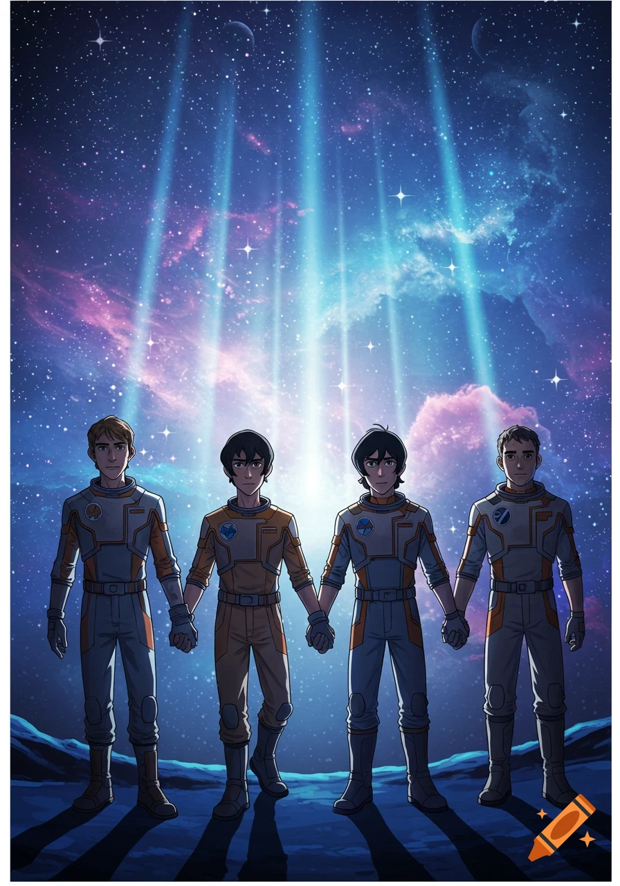 Four anime men in futuristic space suits hold hands on an alien planet under a cosmic sky with bright light beams.