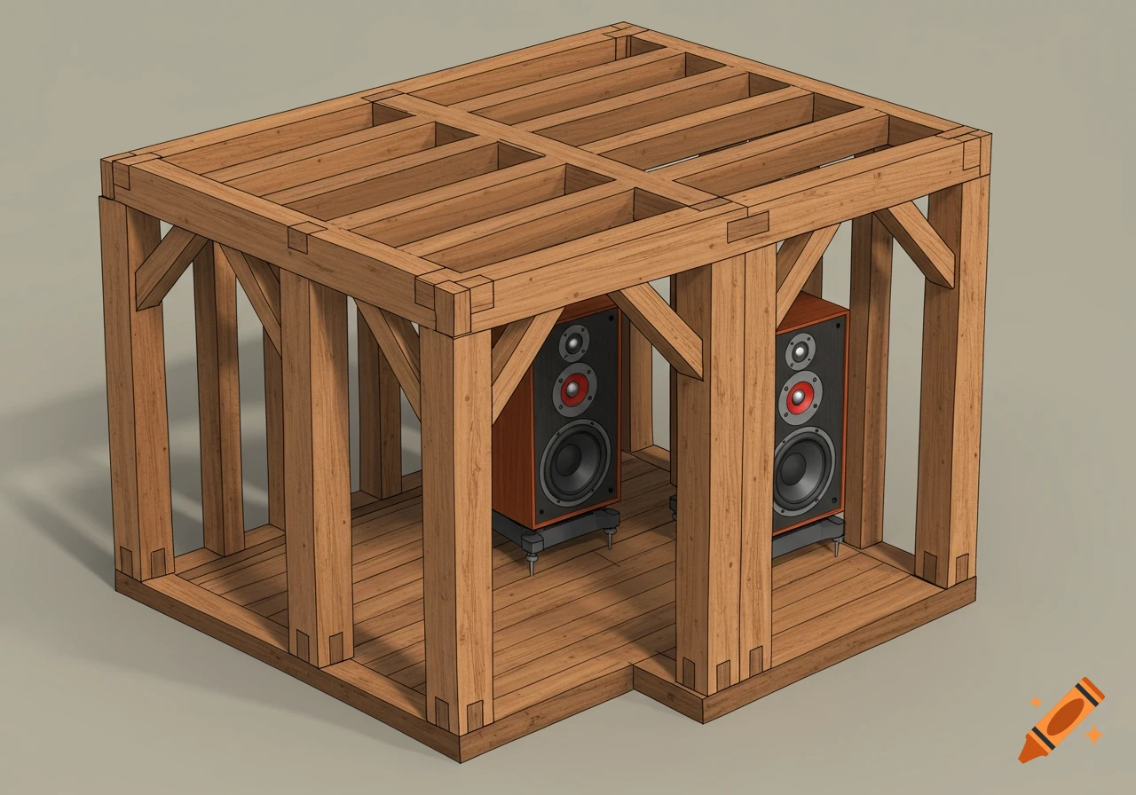 A 3D render of a wooden timber frame layout with two large audio speakers inside on stands.