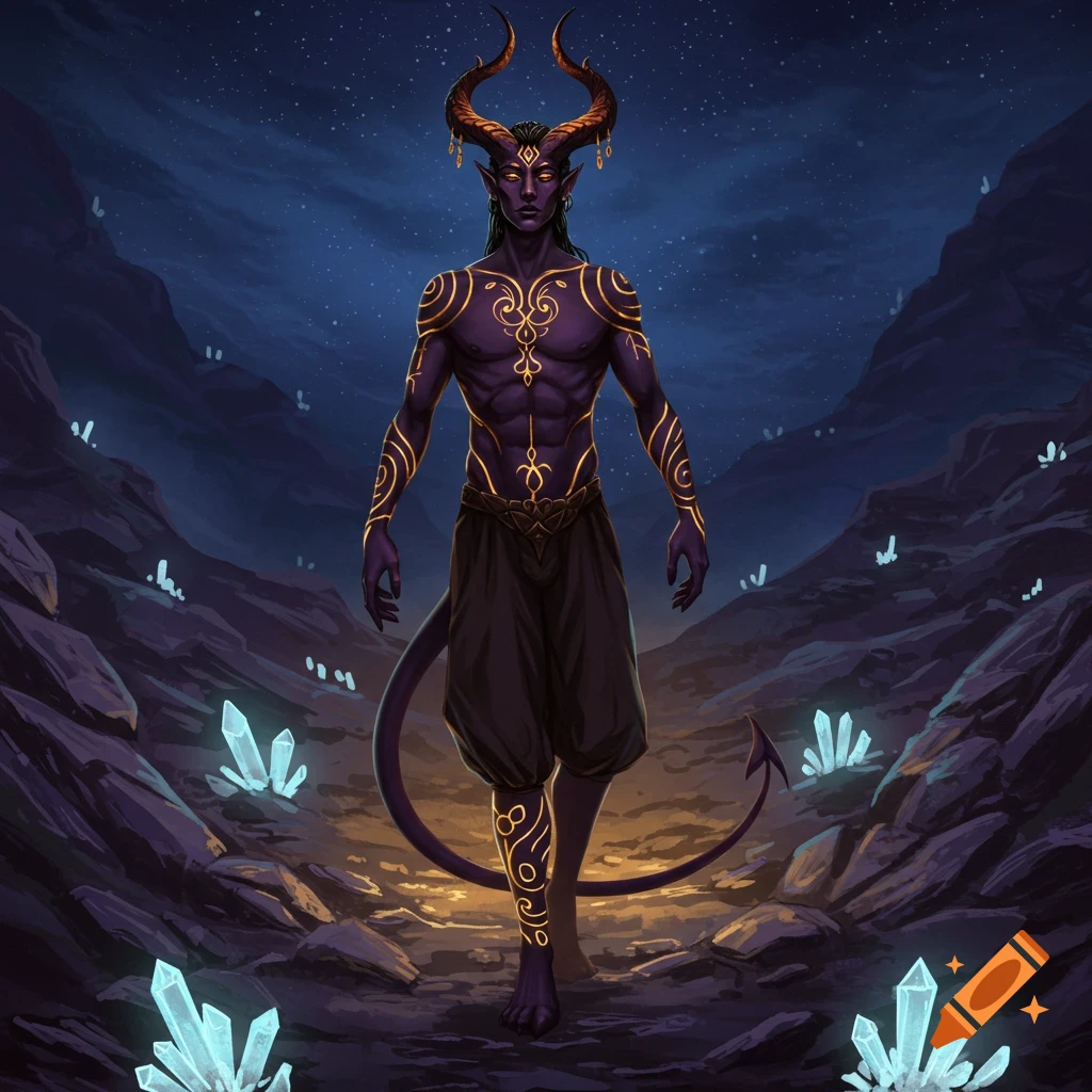 A dark purple tiefling with gold tattoos and horns stands in a rocky cavern with glowing crystals under a starry sky, digital art.