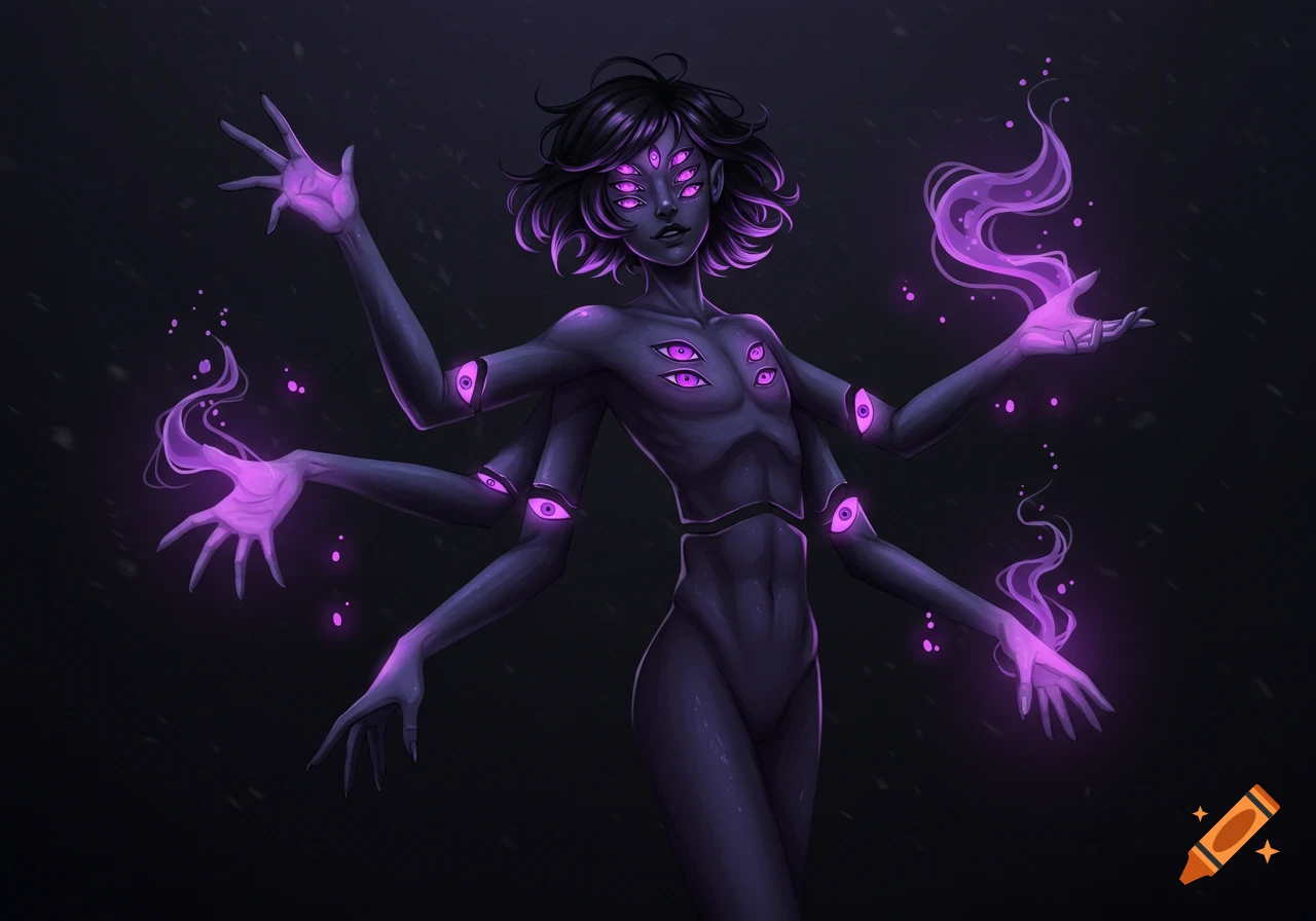 A stylized humanoid figure with dark purple skin, many glowing purple eyes on its face and body, short dark hair with purple highlights, and multiple arms with glowing purple magic emanating from its hands, set against a dark background.
