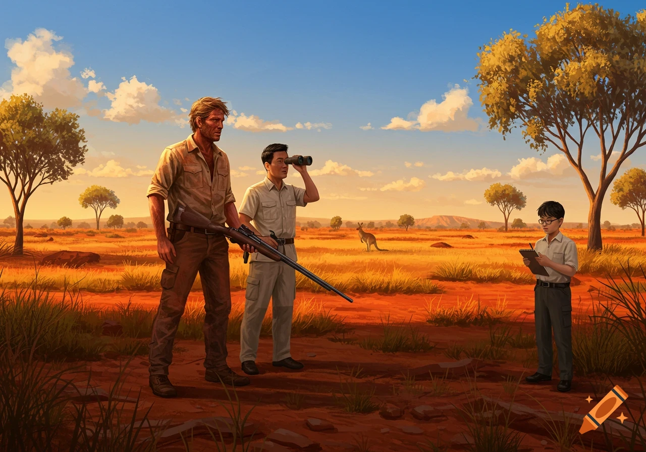 Three men in safari attire, one with a rifle, one with binoculars, and one writing, stand in a vast orange savanna with a kangaroo.