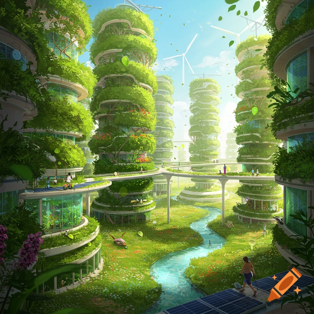 A vibrant solarpunk city with towering green buildings, winding river, elevated paths, solar panels, and wind turbines under a bright sky.
