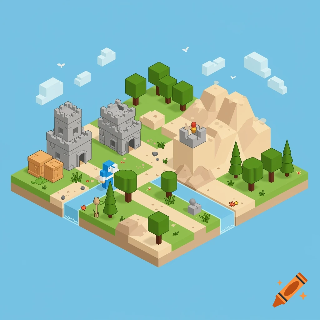 Isometric pixelated landscape with castles, mountains, trees, a river, and a small blue character.