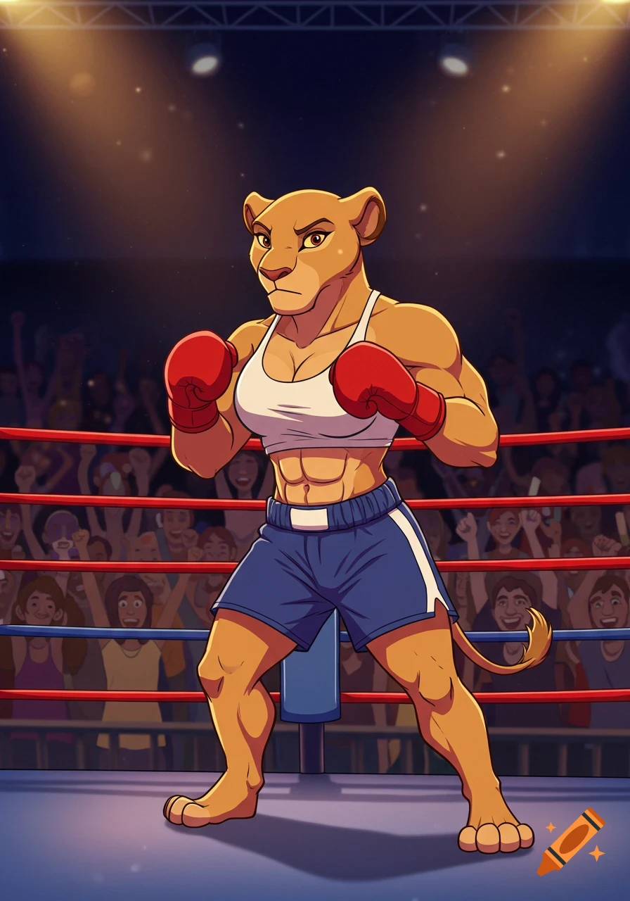 An anthropomorphic lioness boxer in red gloves poses in a brightly lit boxing ring with a cheering crowd, in a cartoon style.
