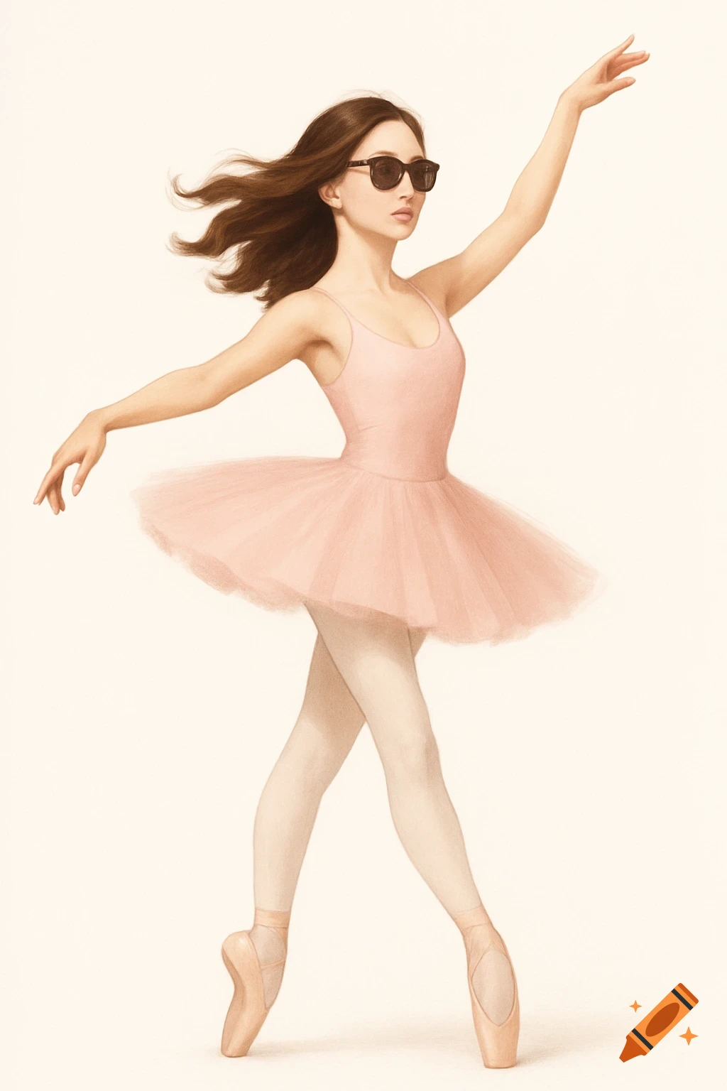 A ballerina with brown hair and sunglasses, wearing a pink tutu, white tights, and light pink pointe shoes, poses on a white background.