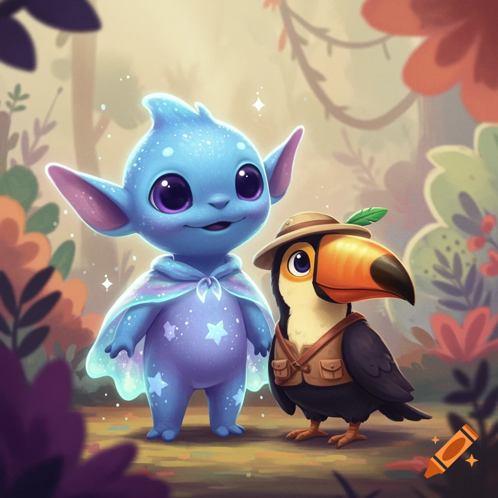 A cute blue alien with large violet eyes and a glowing capelet stands next to a toucan in an explorer hat in a pastel jungle.