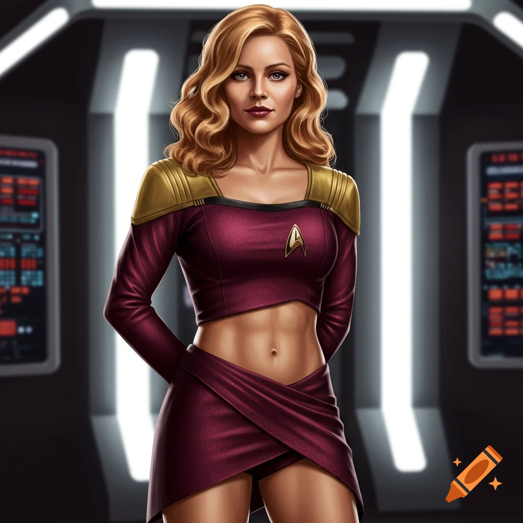 A confident woman with blonde hair in a burgundy and gold Starfleet-inspired uniform with a cropped top and mini skirt, stands in a futuristic setting.