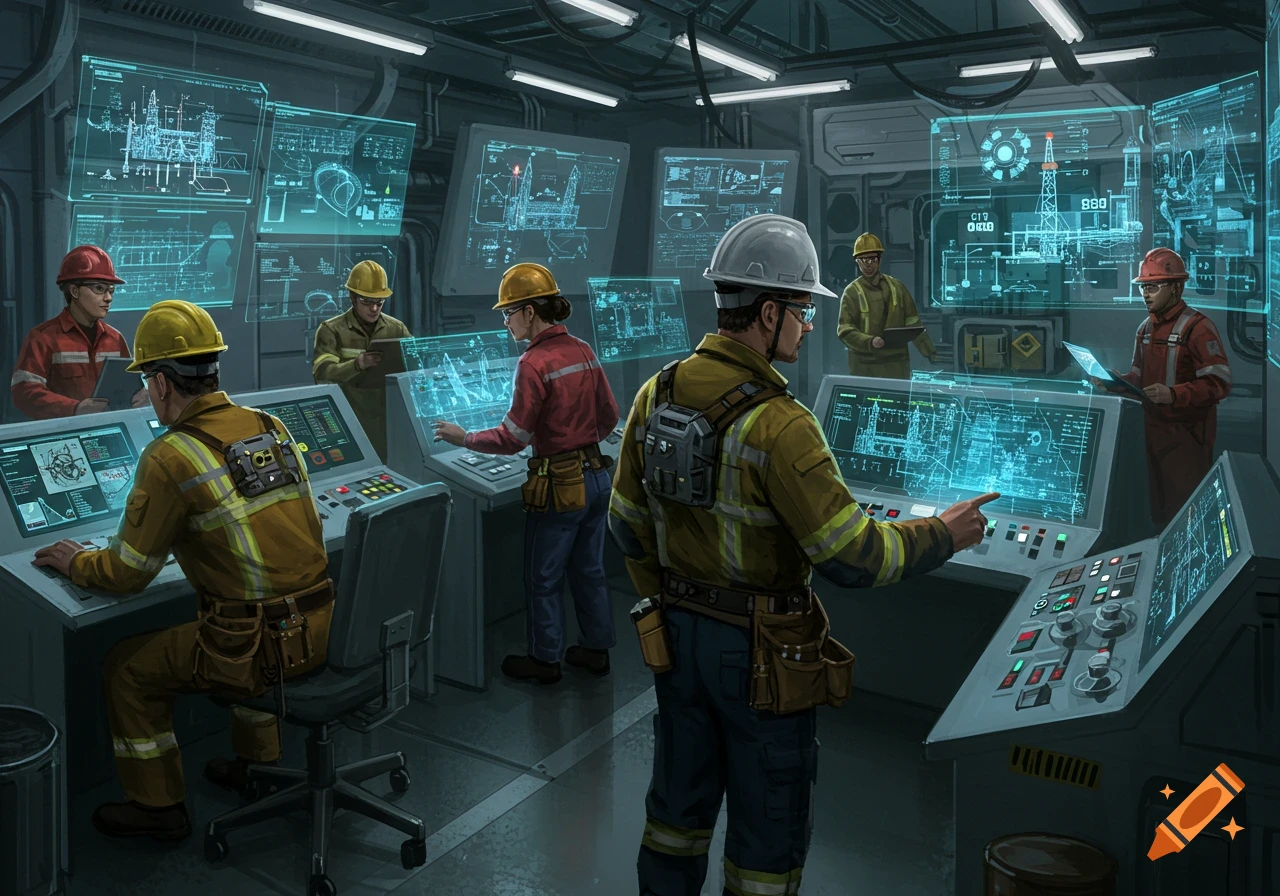 A group of engineers in hard hats and workwear interact with holographic screens and control panels in a futuristic industrial control room.