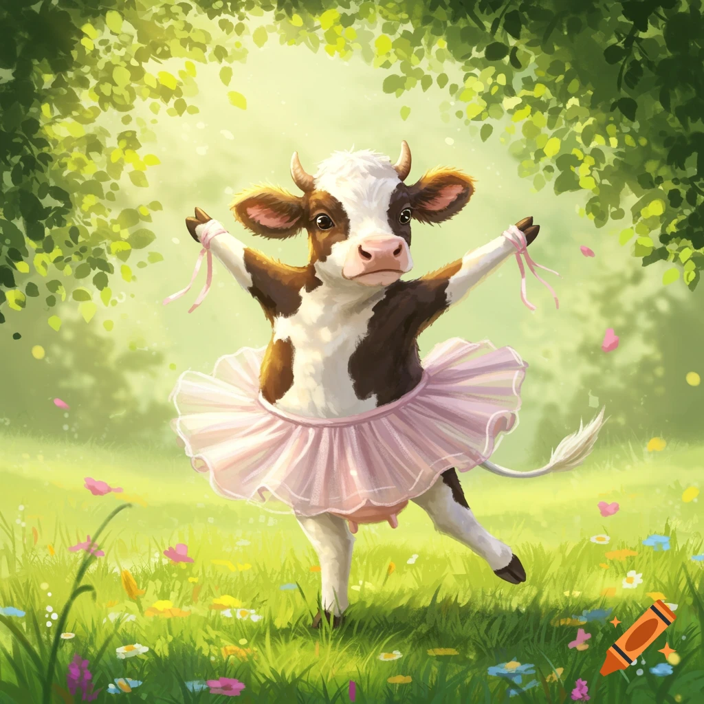 A cute brown and white cow in a pink ballet skirt dances in a sunny green field with flowers.