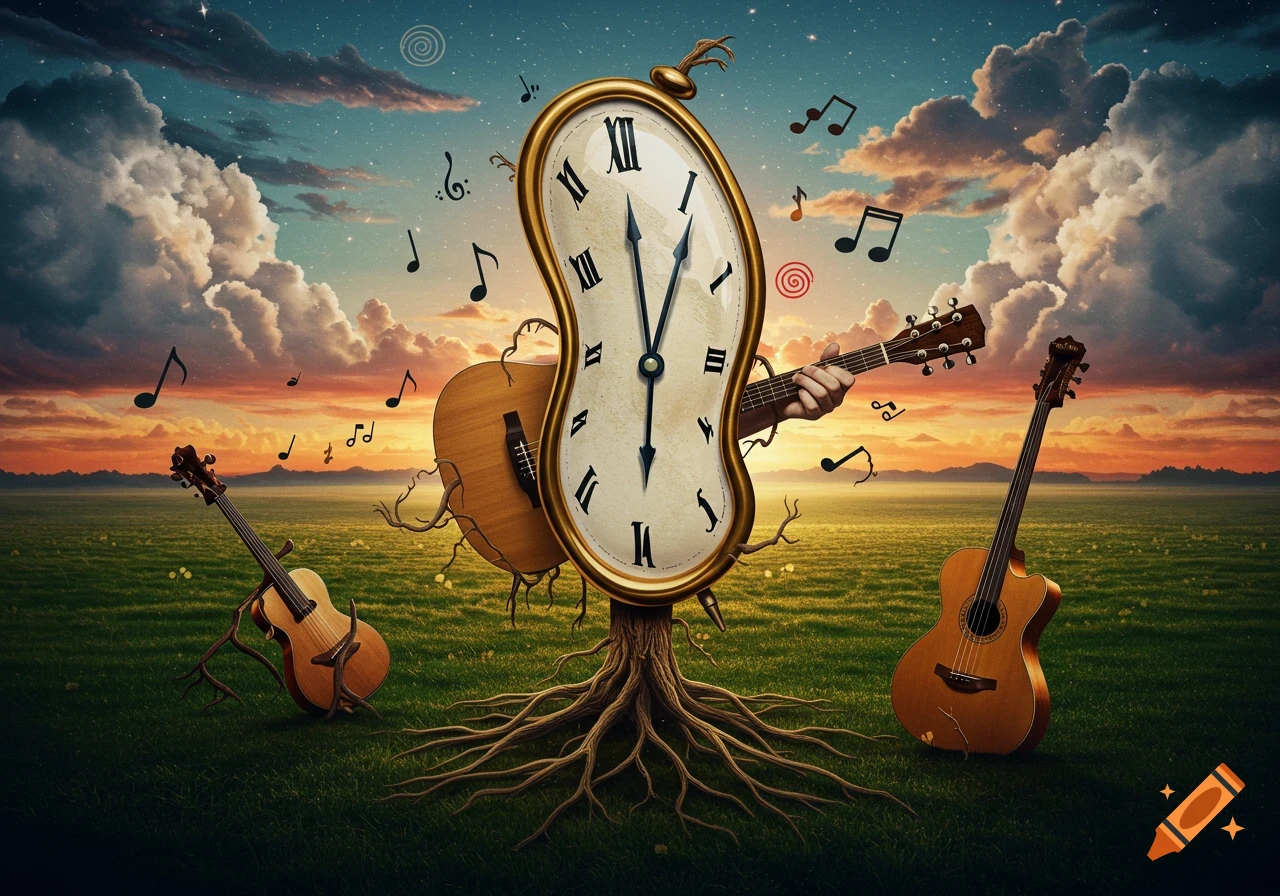 A surreal landscape with a melting clock rooted to the ground, surrounded by acoustic guitars, musical notes, and a sunset sky.