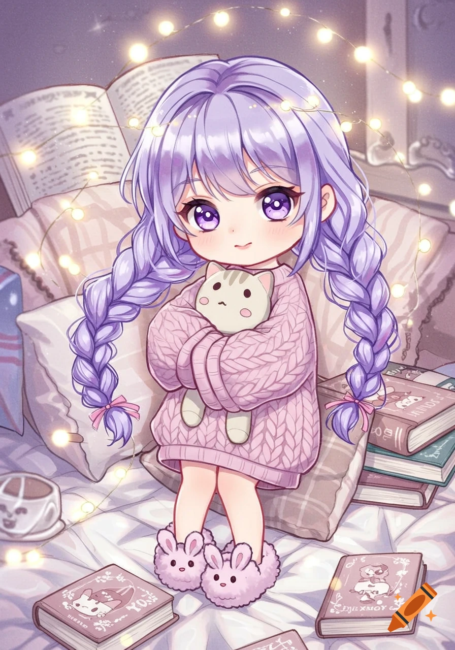 Chibi anime girl with lavender braided hair, a pink knit sweater, and bunny slippers, hugging a plush cat toy amidst books and fairy lights.
