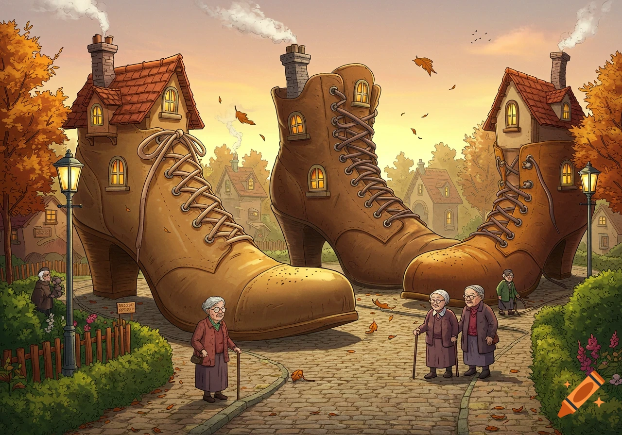 A whimsical neighborhood with houses made of oversized brown boots, elderly people on cobblestone paths, and autumn trees.