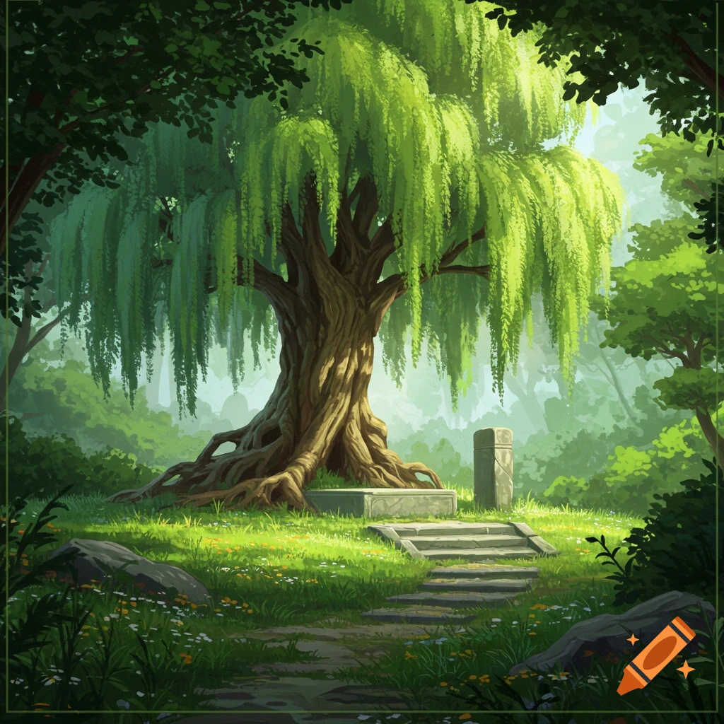 A vibrant, lush green forest scene with a large, old weeping willow tree at its center, with stone steps and a monument at its base.