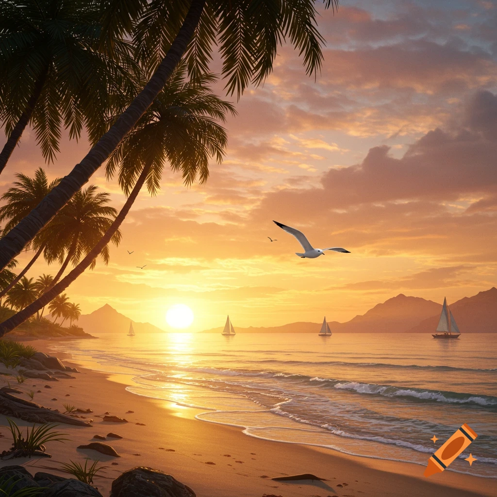 A photorealistic sunset scene over a tropical beach with palm trees, a vibrant orange sky, and sailboats on the water.
